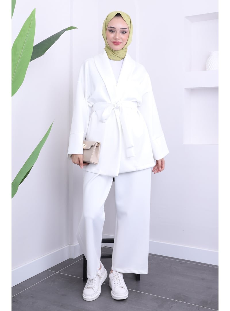 İmaj Butik Beyaz Bel Kuşaklı Scuba Ceket Pantolon Takım
