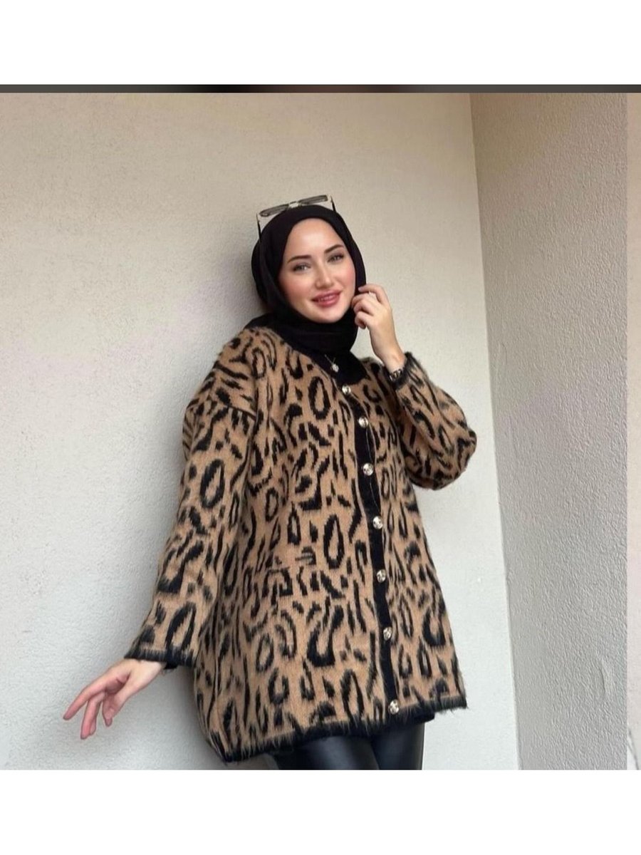 Nevalbutik Uzun Bisiklet Yaka Leopar Hırka