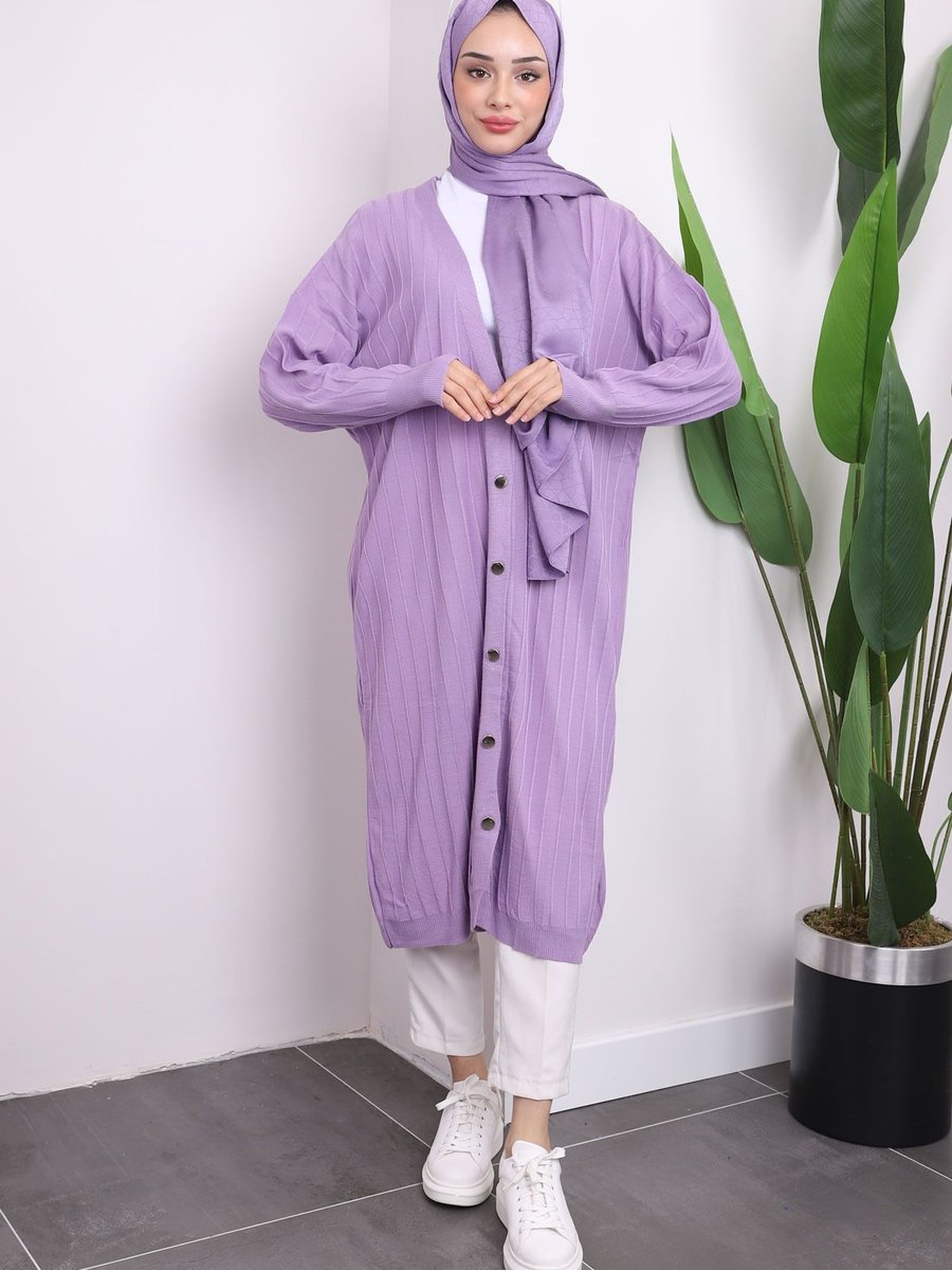 İmajbutik Lila Düğmeli Uzun Triko Merserize Hırka