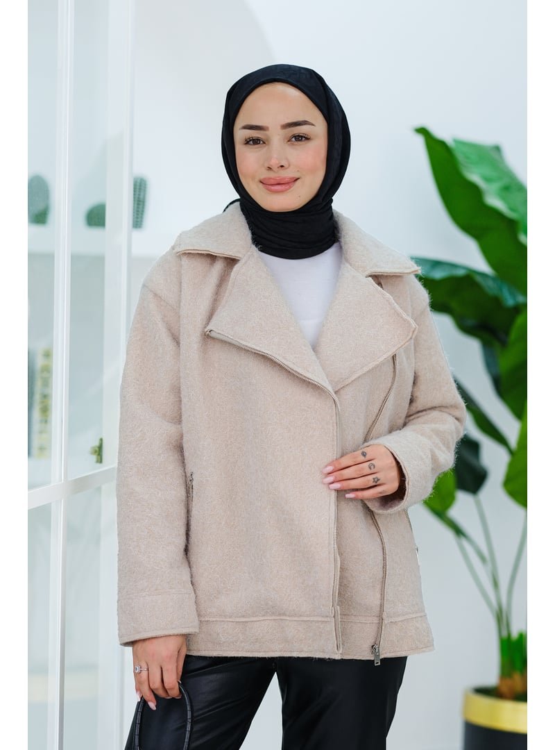 Locco Moda Krem Yan Fermuar Detay Ceket