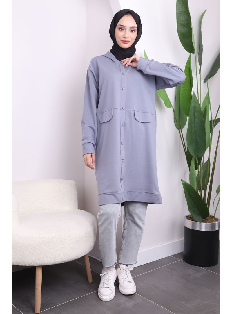 İmaj Butik Gri Çıtçıtlı Kapüşonlu İki İplik Kap