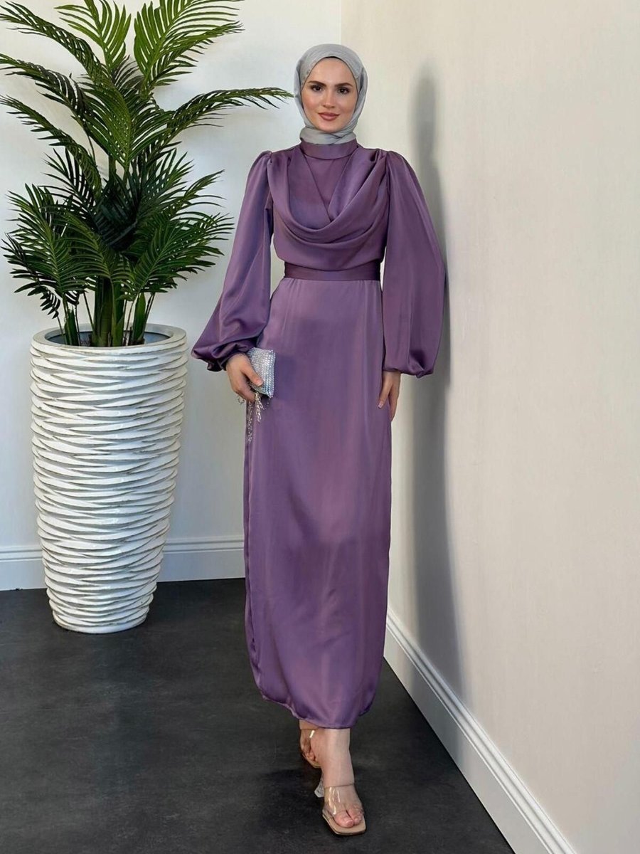 Mervenakyuz Amber Drape Detay Saten Abiye Elbise Lila