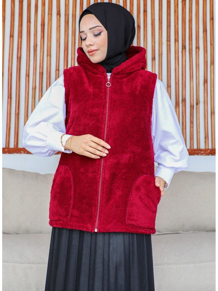 Kardelen Butik Ümraniye Polar Peluş Bordo Kapüşonlu Kışlık Yelek