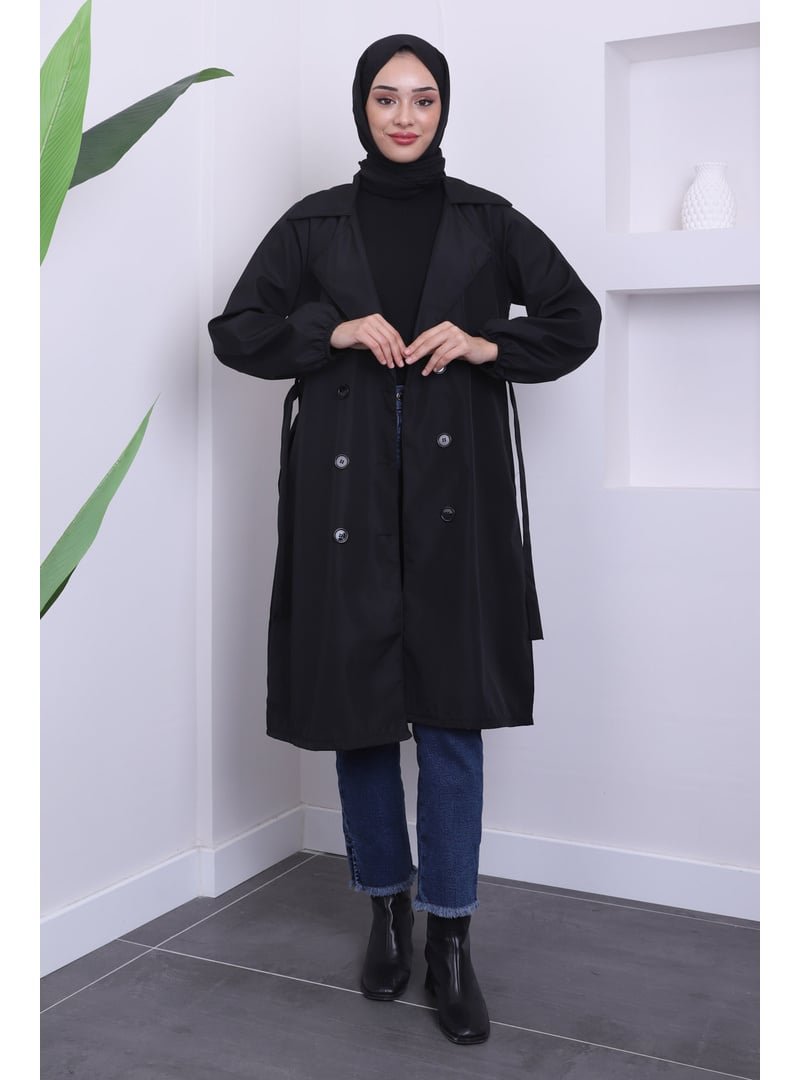 İmaj Butik Siyah Kruvaze Yaka Kemerli Bondit Trençkot