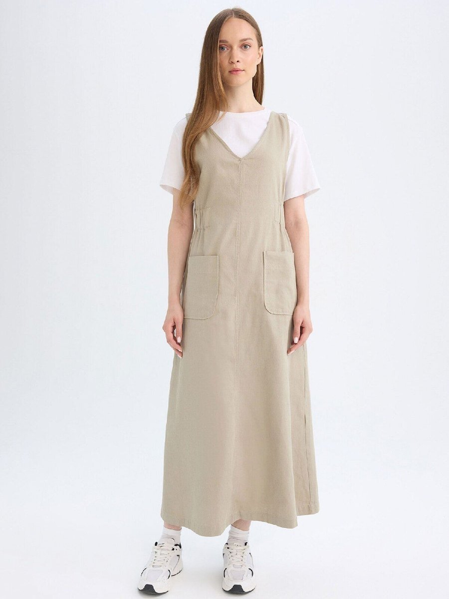 Defacto Regular Fit V Yaka Yan Büzgü Detaylı Basic Düz Gabardin Kolsuz Maxi Elbise C9684ax24au