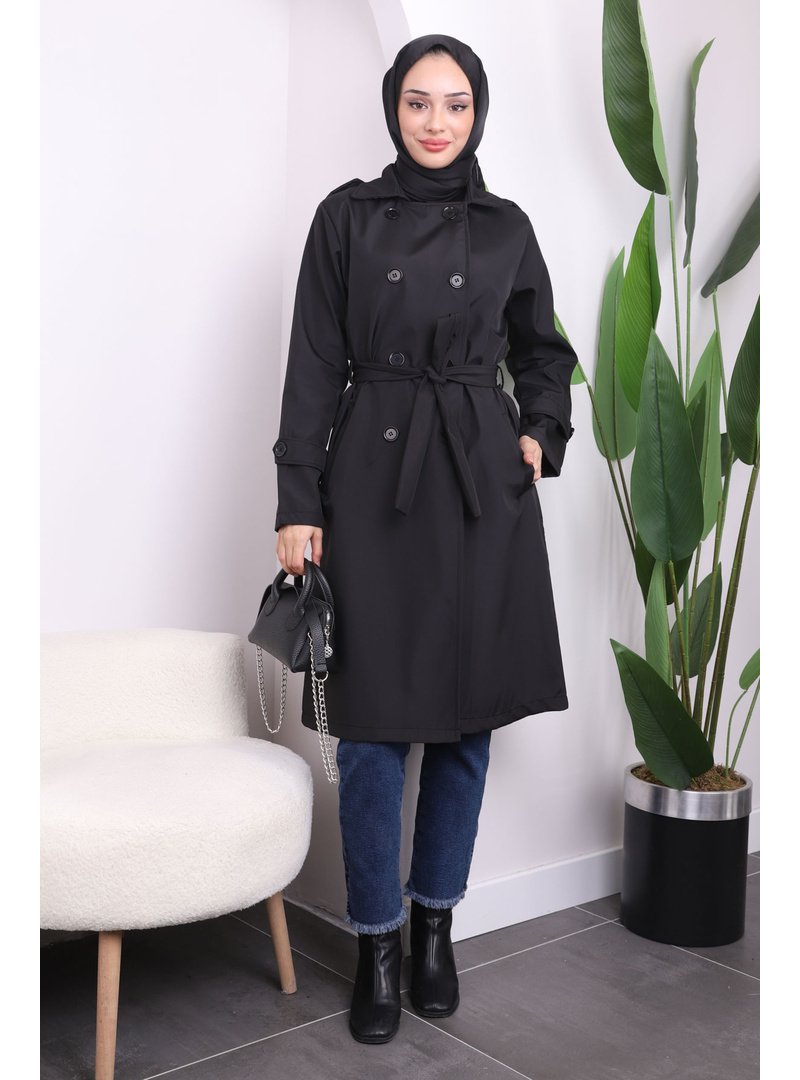 İmaj Butik Siyah Kruvaze Yaka Kuşaklı Trençkot