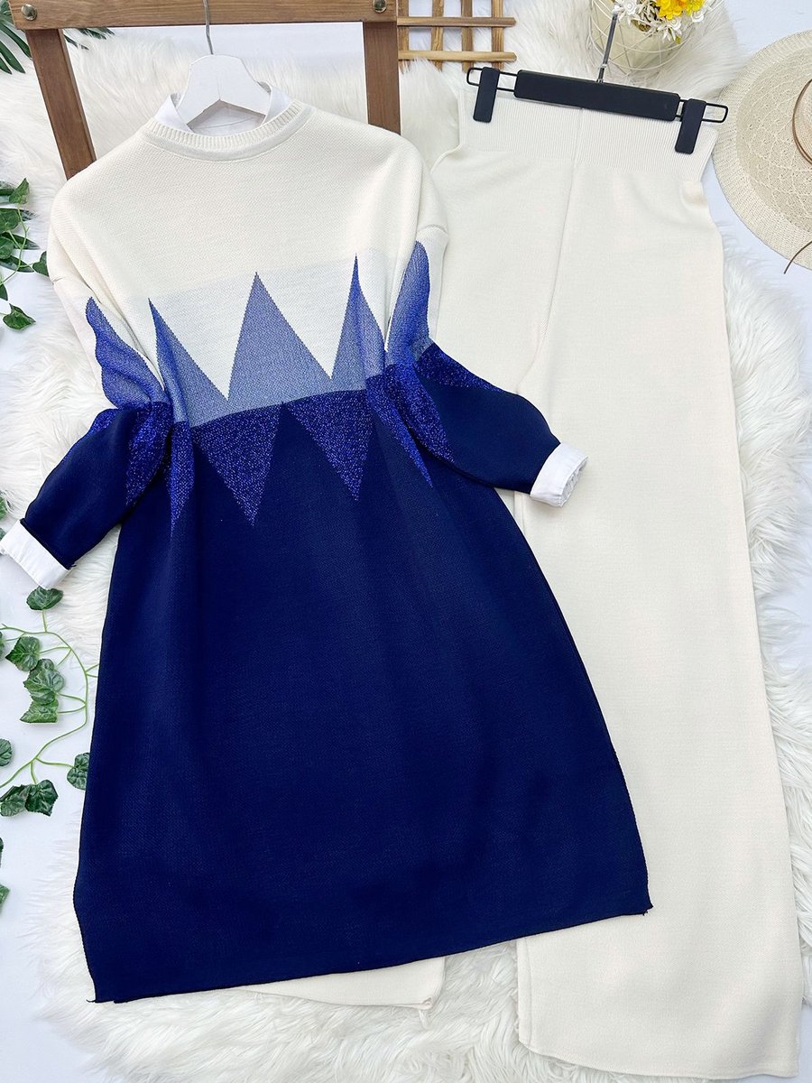 Modaqu Zikzak Triko Tunik Pantolon Takım Lacivert