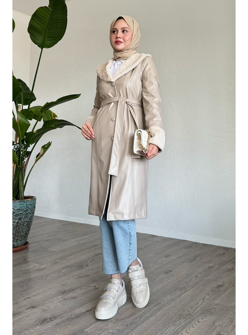 InStyle Kürk Detaylı Bej Deri Trençkot