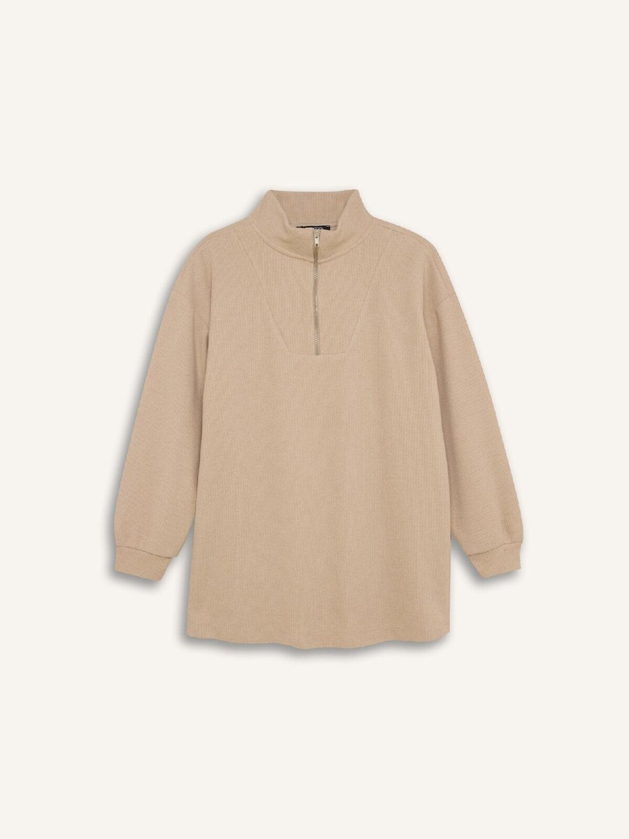 Defacto Regular Fit Yarım Fermuarlı Dik Yaka Selanik Kumaş Basic Düz Uzun Kollu Tunik B4306ax24wn