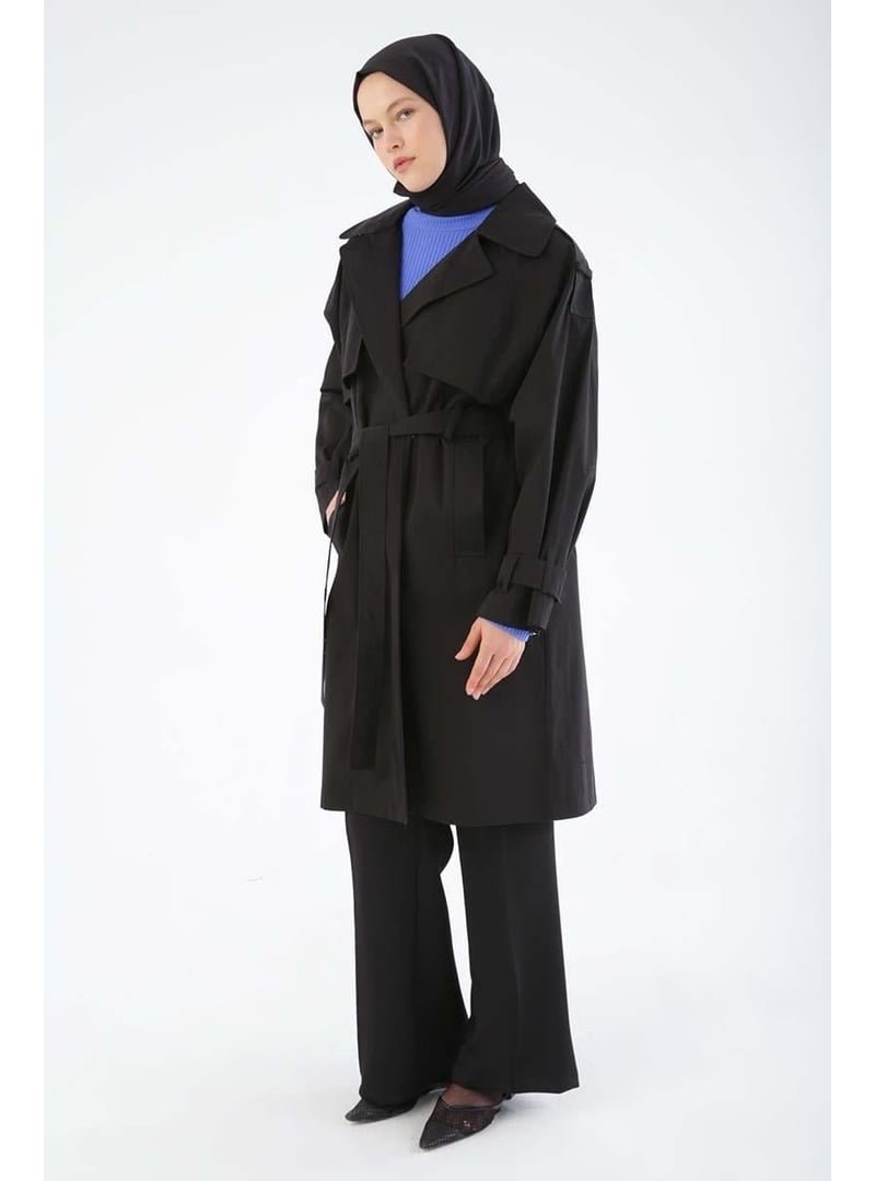 Allday Siyah Kemerli Çıtçıtlı Oversize Trençkot