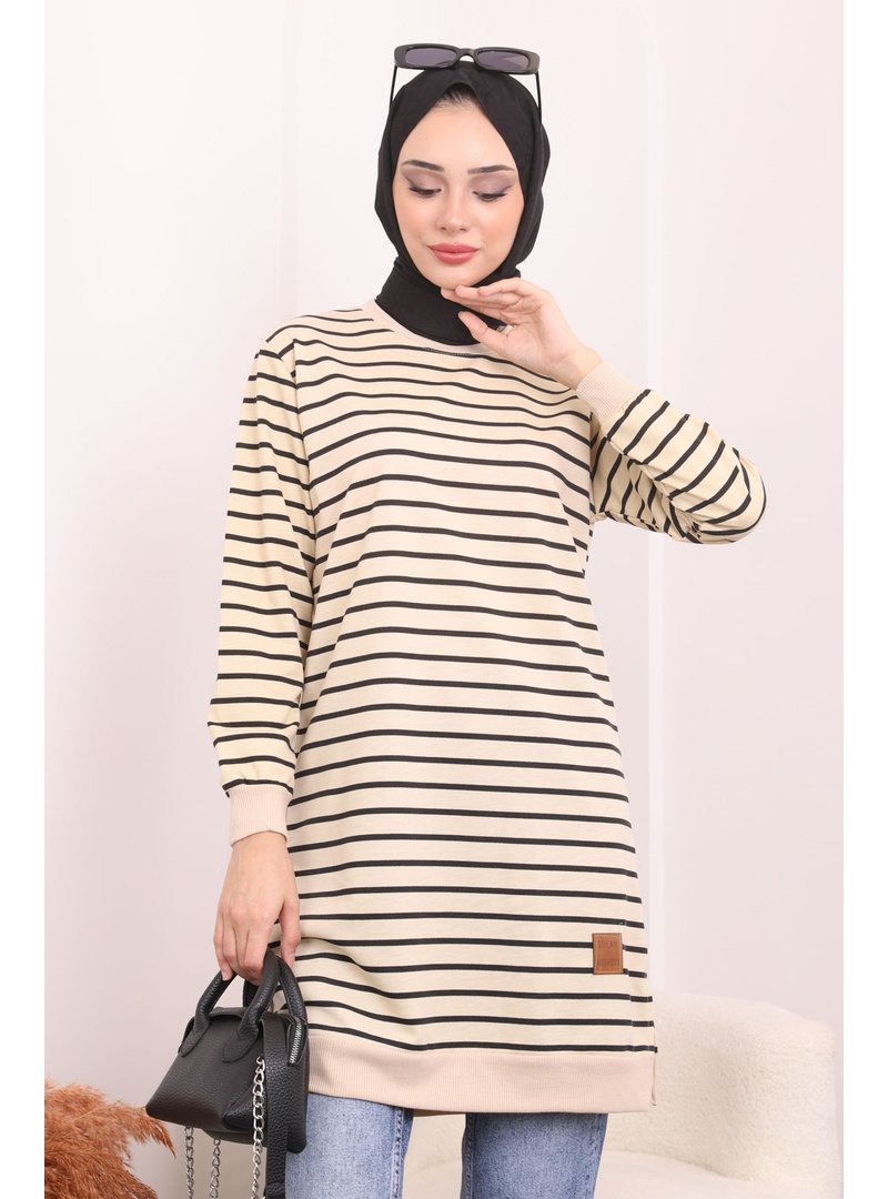İmaj Butik Siyah Bisiklet Yaka Çizgili Tunik