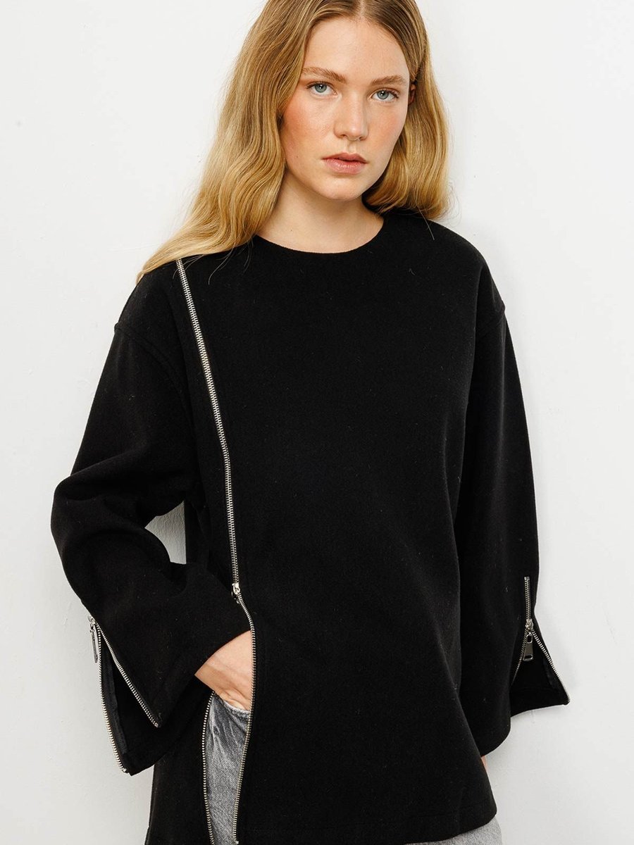 Hooopstore Fermuar Detaylı Kaşe Siyah Sweatshirt