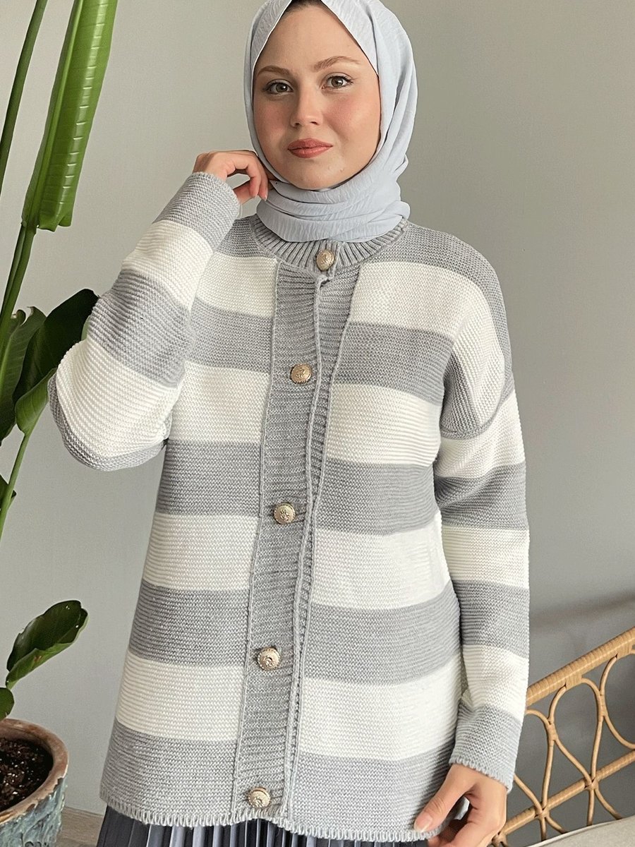 Instyle Kalın Şeritli Gri Triko Hırka