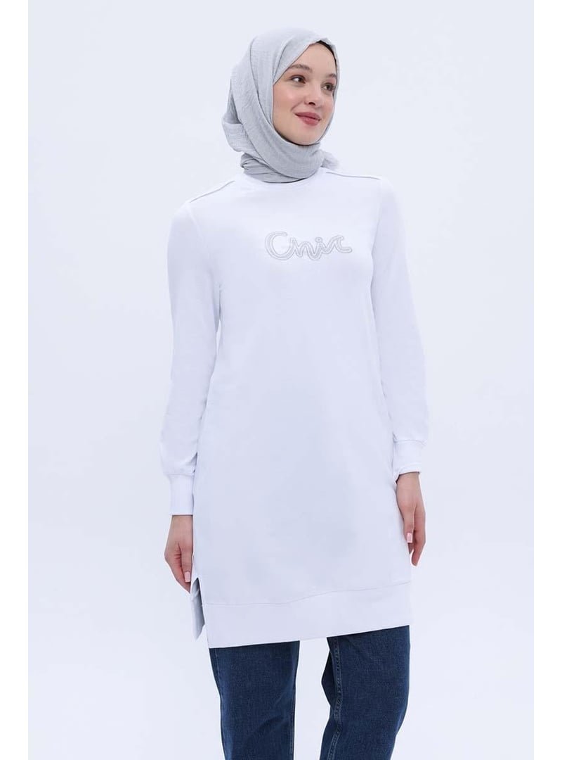 Allday Beyaz Pamuklu Yandan Yırtmaçlı Nakışlı Sweat Tunik