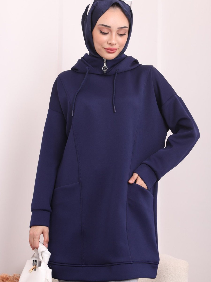 İmajbutik Lacivert Kapüşonlu Cepli Scuba Sweatshirt