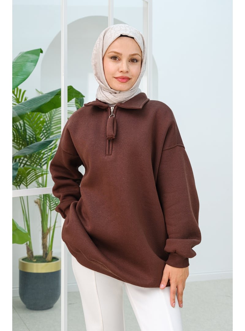 Locco Moda Kahverengi Yarım Fermuar Detay Sweat