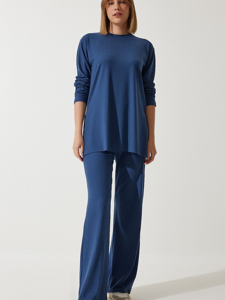 Happiness İstanbul Lacivert Fitilli Örme Bluz Pantolon Takım