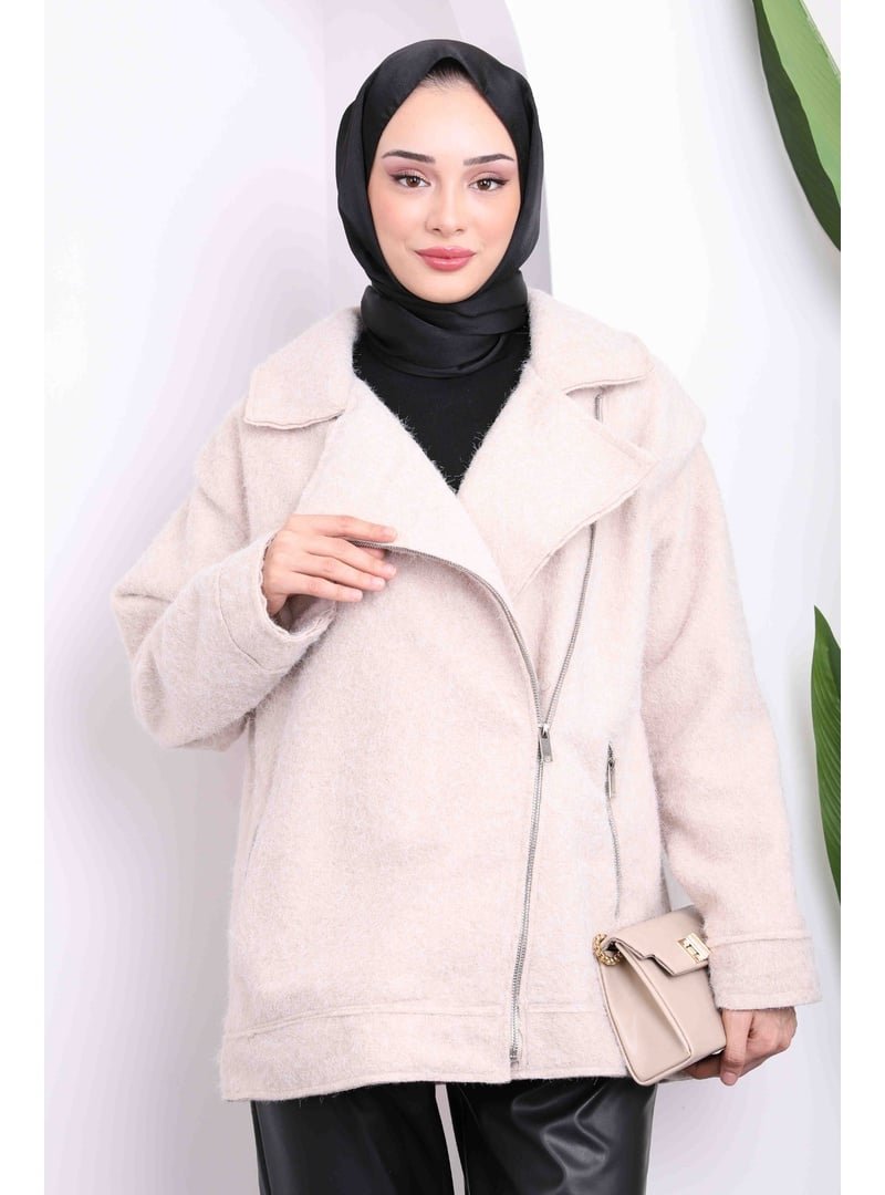 İmaj Butik Bej Fermuarlı Kısa Kaşe Kaban
