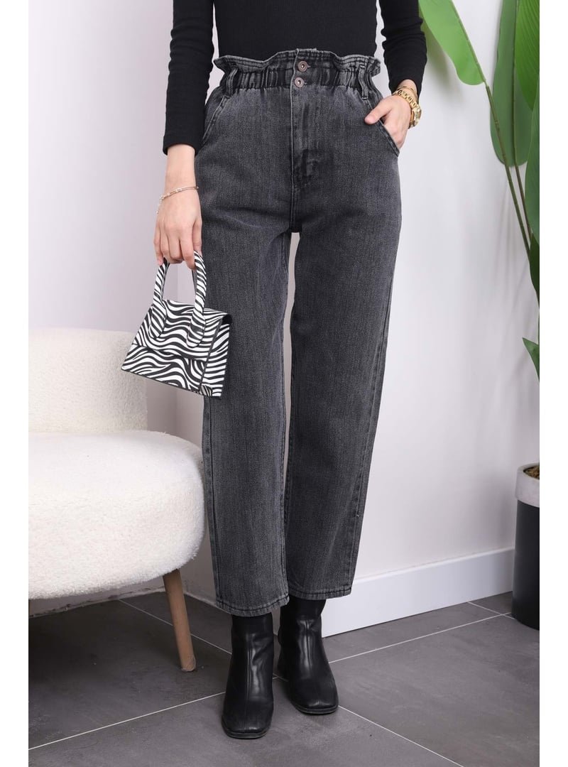 İmaj Butik Füme Bel Lastikli Mom Jeans Pantolon