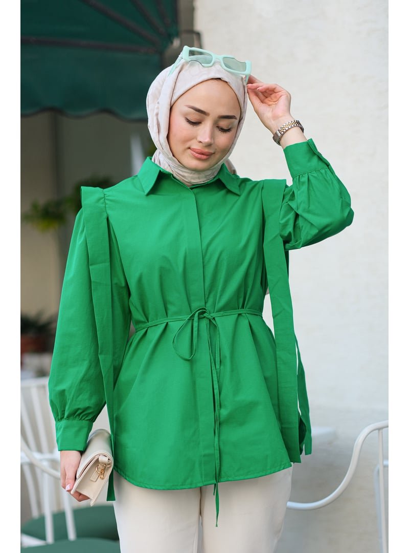 Locco Moda Yeşil Pile Detay Önü Gizli Düğmeli Gömlek