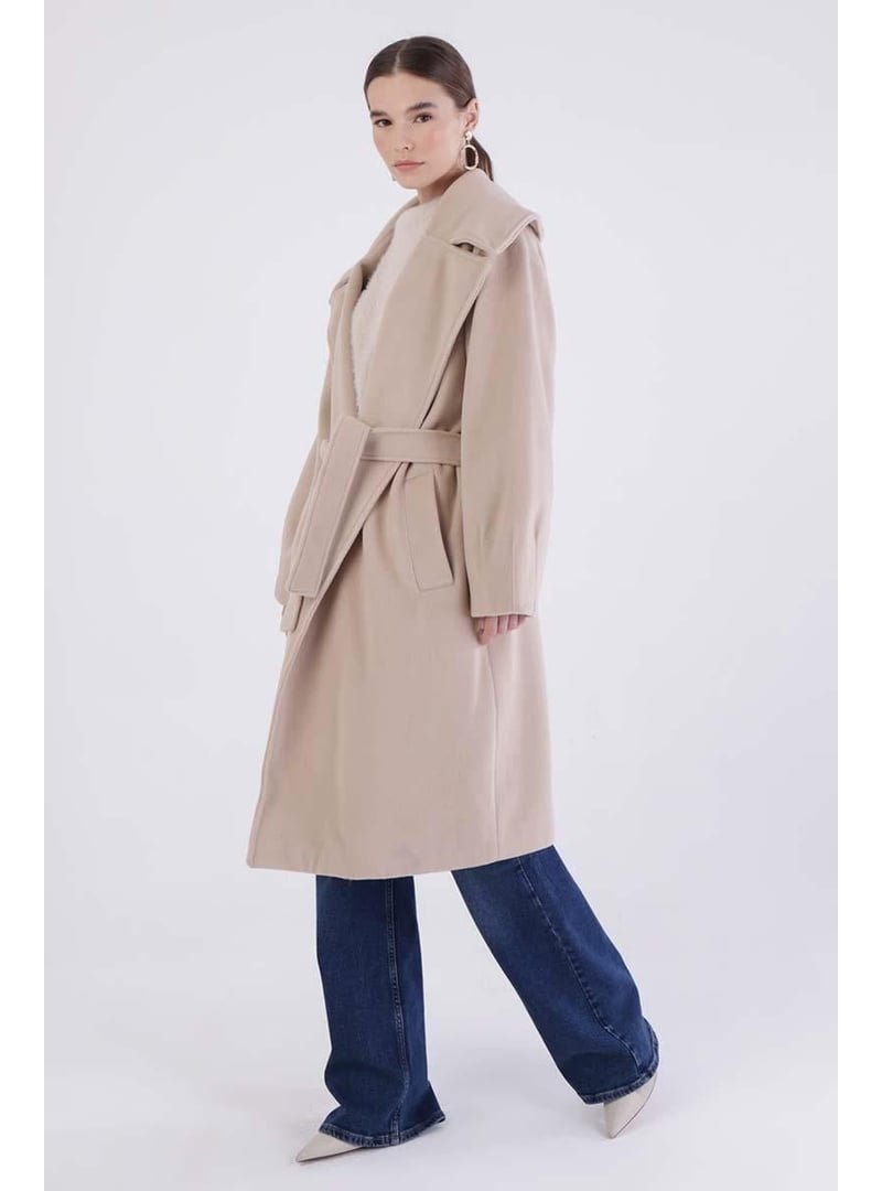 Allday Bej Oversize Kuşaklı Kaşe Kaban