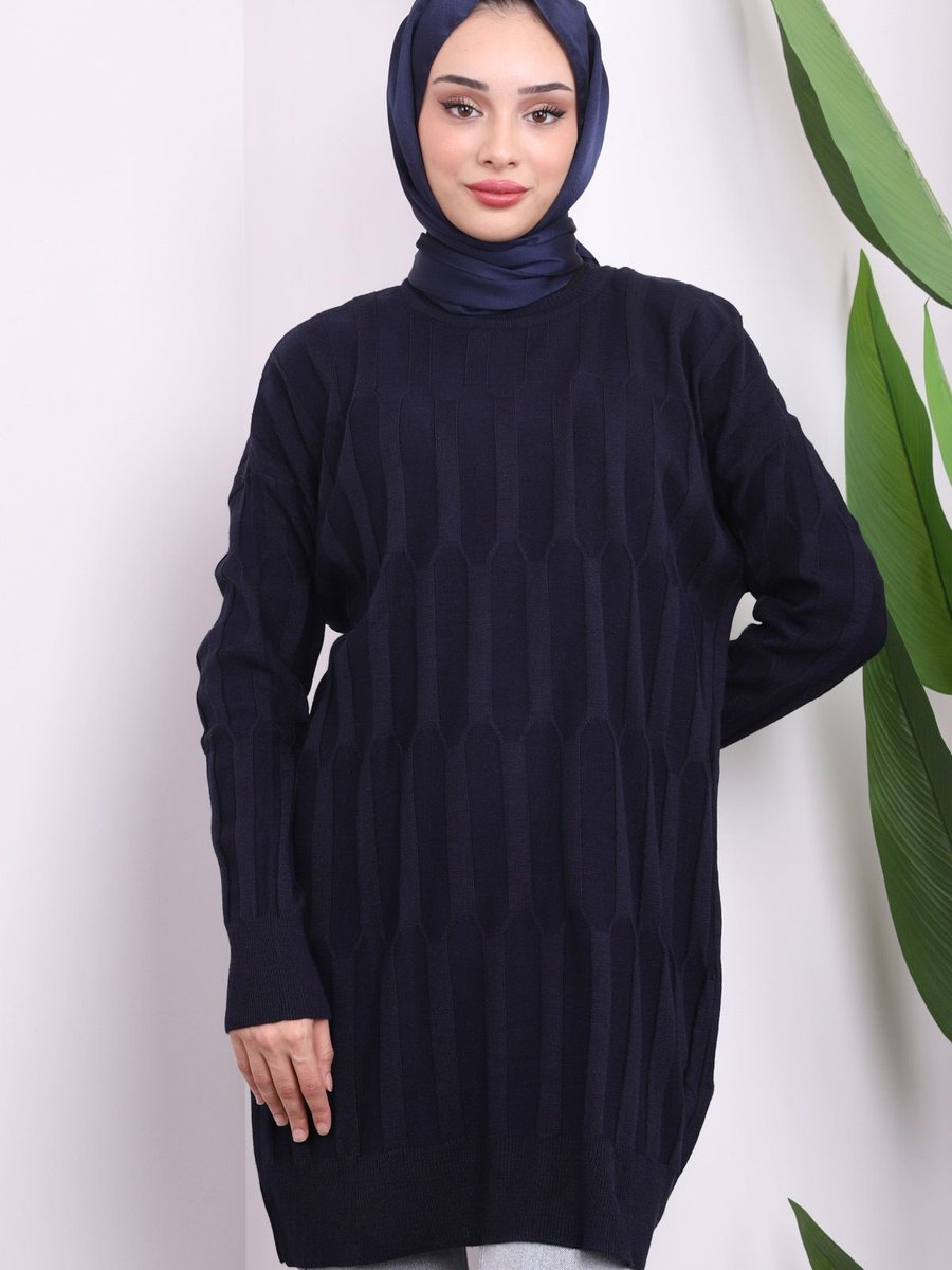 İmajbutik Lacivert Bisiklet Yaka İnce Merserize Salaş Triko Tunik