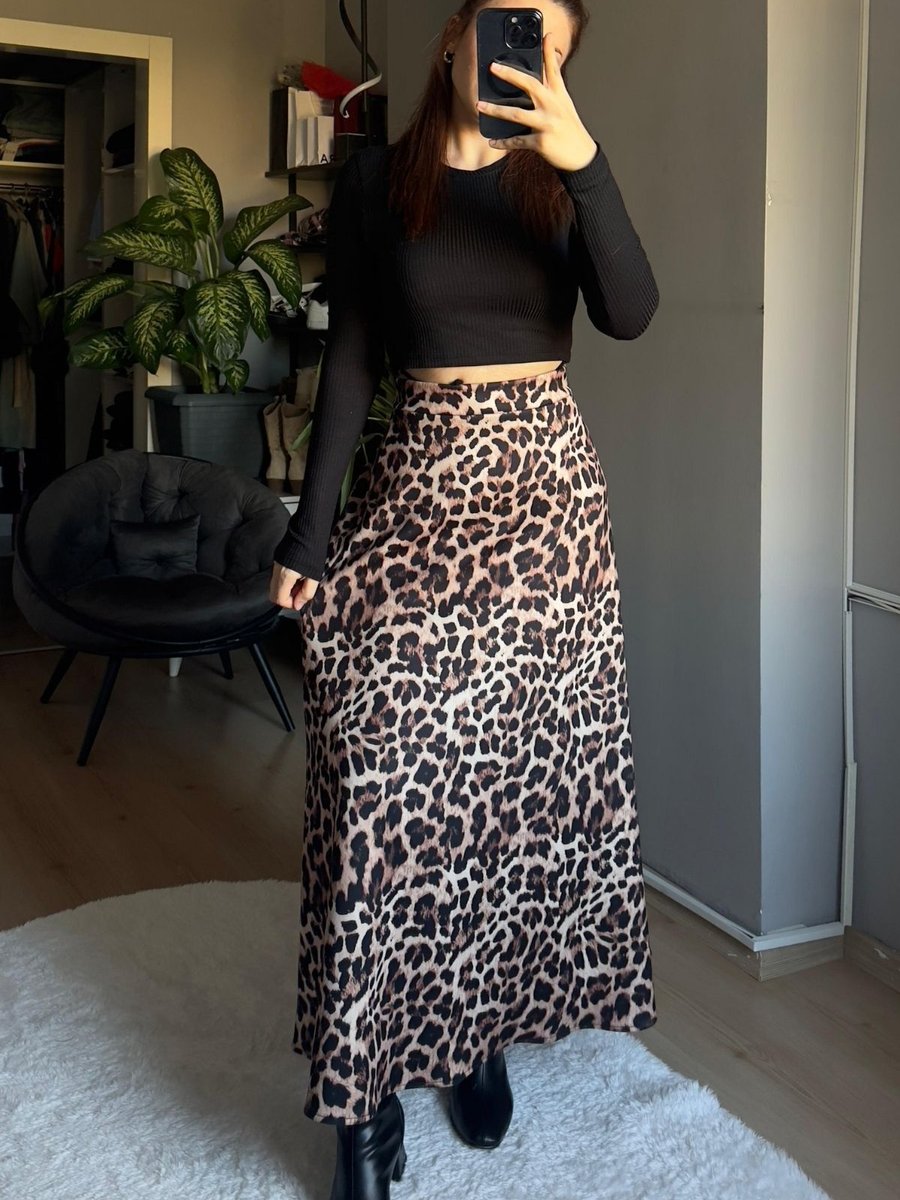 Qenz Leopar Desenli Etek Camel