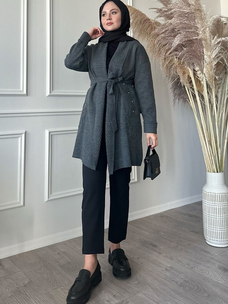 Instyle Yakası Desenli Nakışlı Antrasit Triko Ceket