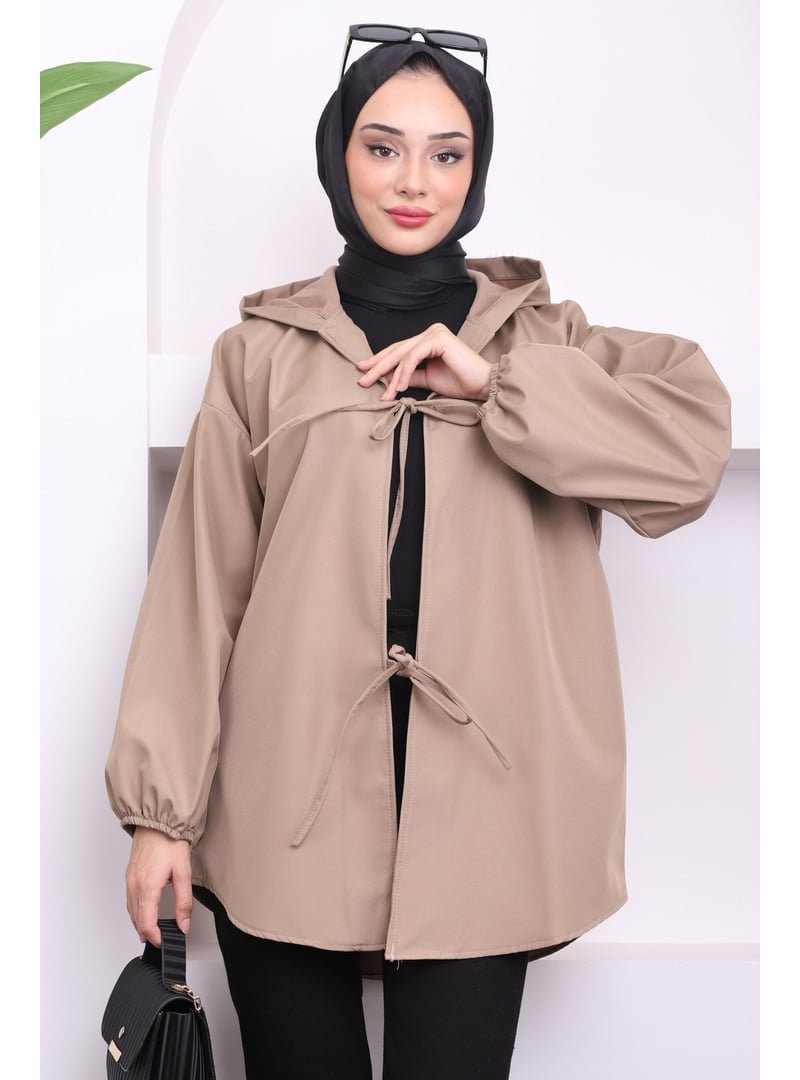 İmaj Butik Vizon Ön Bağlamalı Kapüşonlu Kısa Trençkot