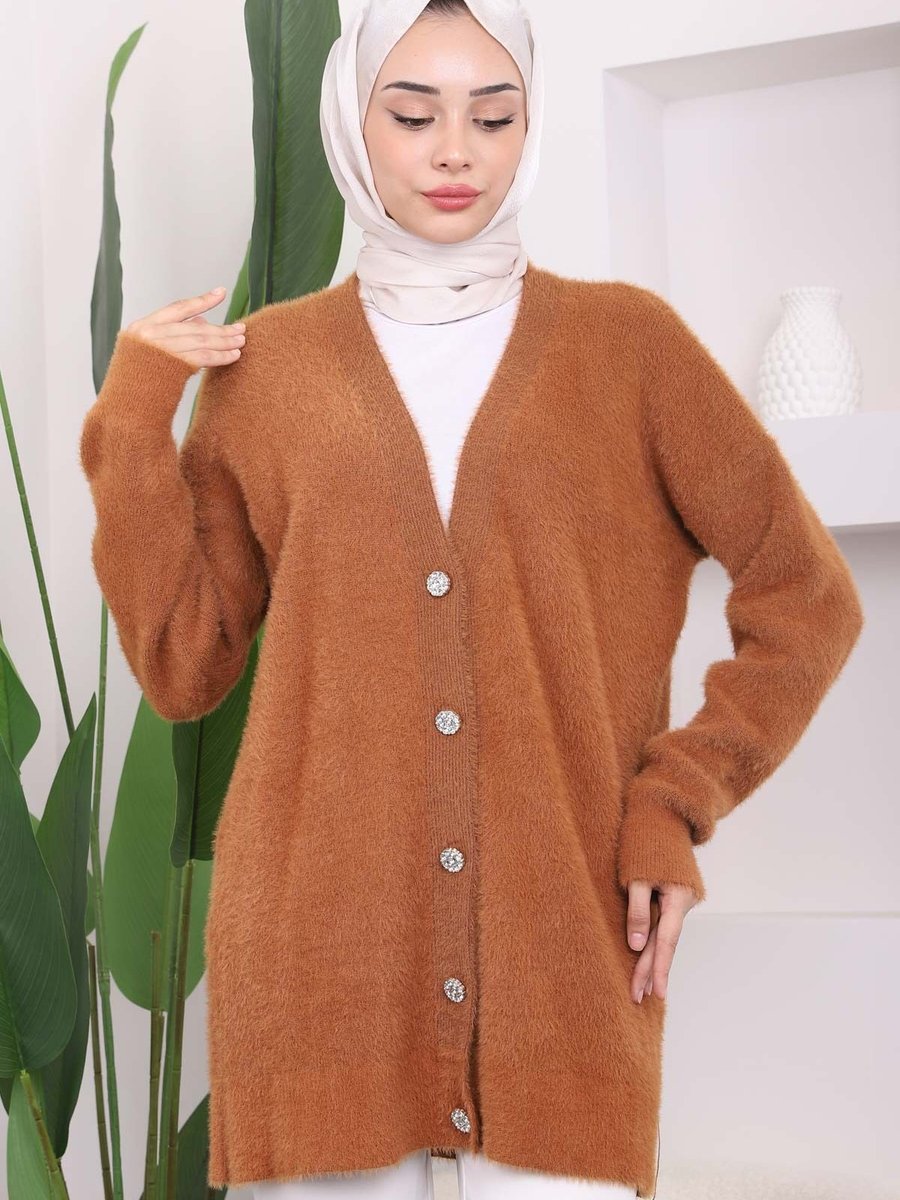İmajbutik Camel Düğmeli Uzun Peluş Triko Hırka