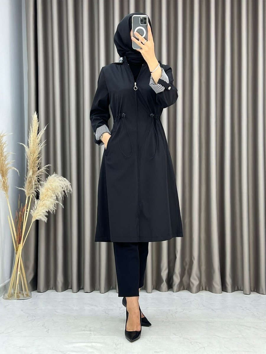Sable Butik Trench Kumaş Su Geçirmez İçi Çizgili Şık Mevsimlik