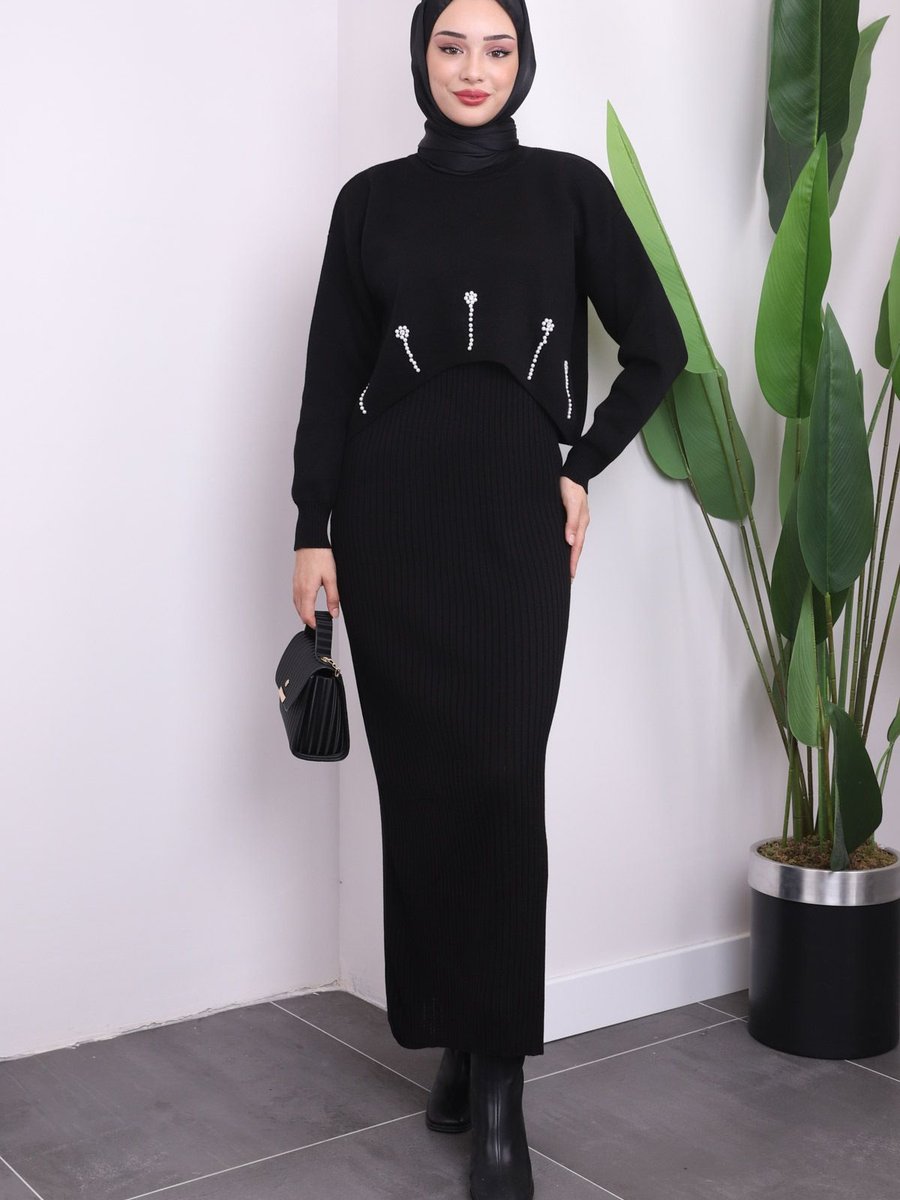 İmajbutik Siyah Crop Kazak Triko Elbise İkili Kombin