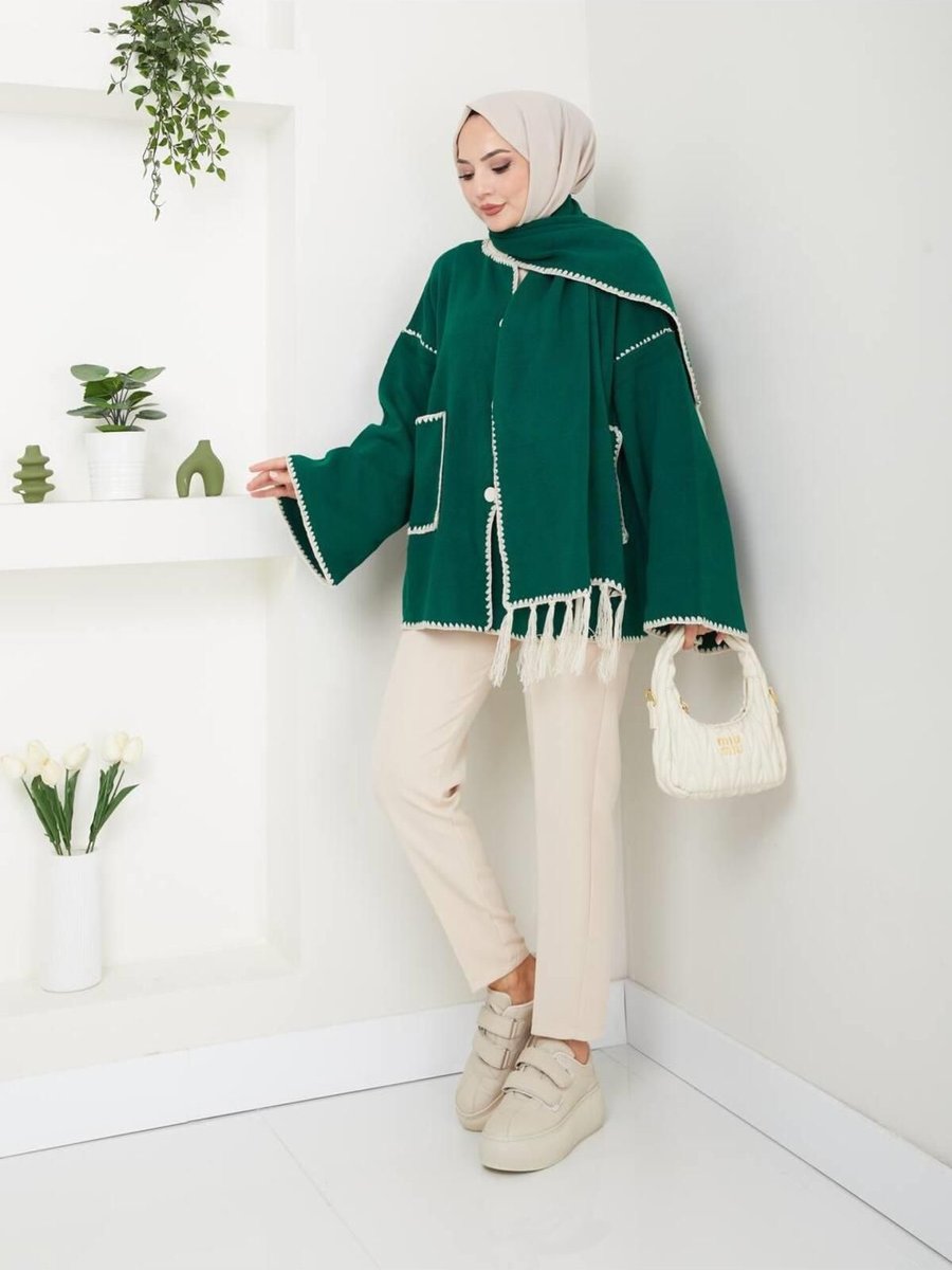 Moda Periy Kadın Kışlık İkili Takım Tesettür Atkılı Triko Hırka Kombin