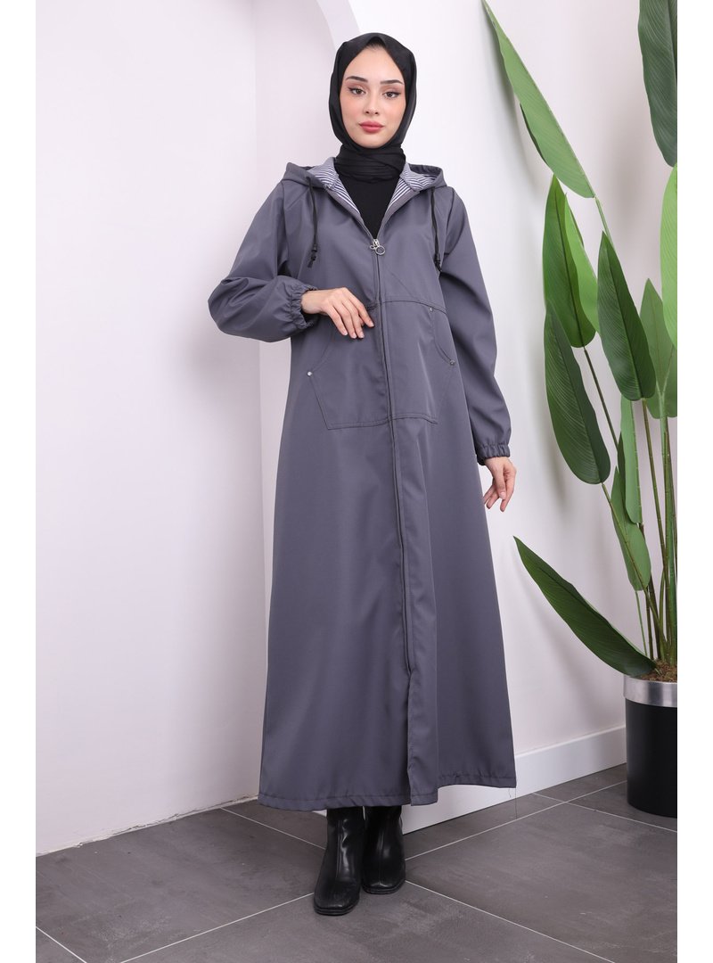 İmaj Butik Gri Kapüşonlu Fermuarlı Kap