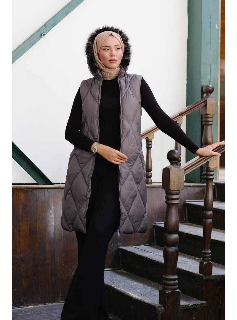 Locco Moda Gri Çift Cepli Kapüşonlu Yelek