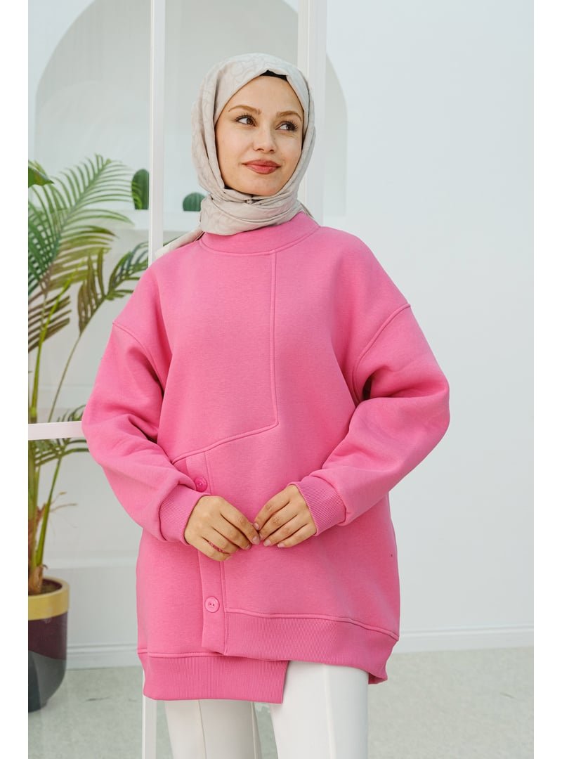 Locco Moda Pembe Ön Düğme Detay Oversize Sweat