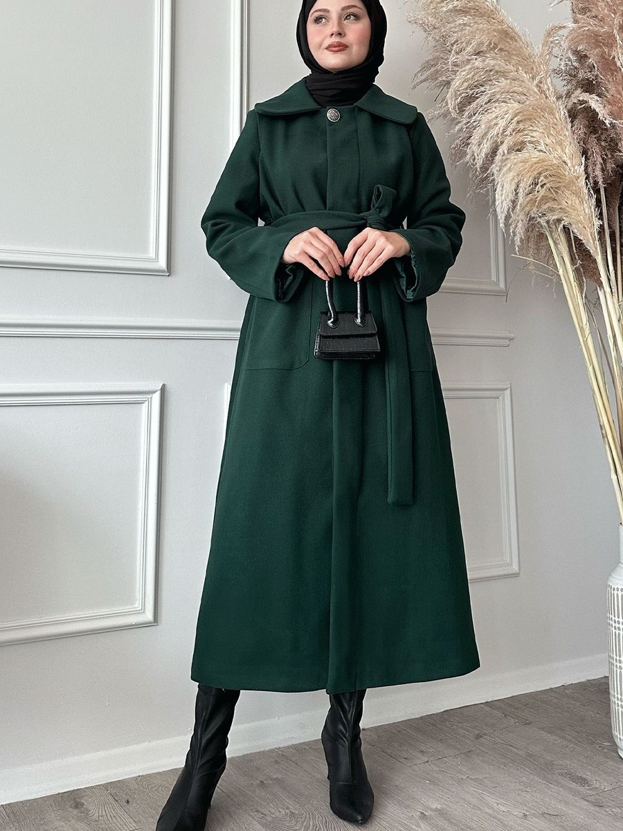 Instyle Kuşaklı Gizli Patlı Zümrüt Yeşili Kaban