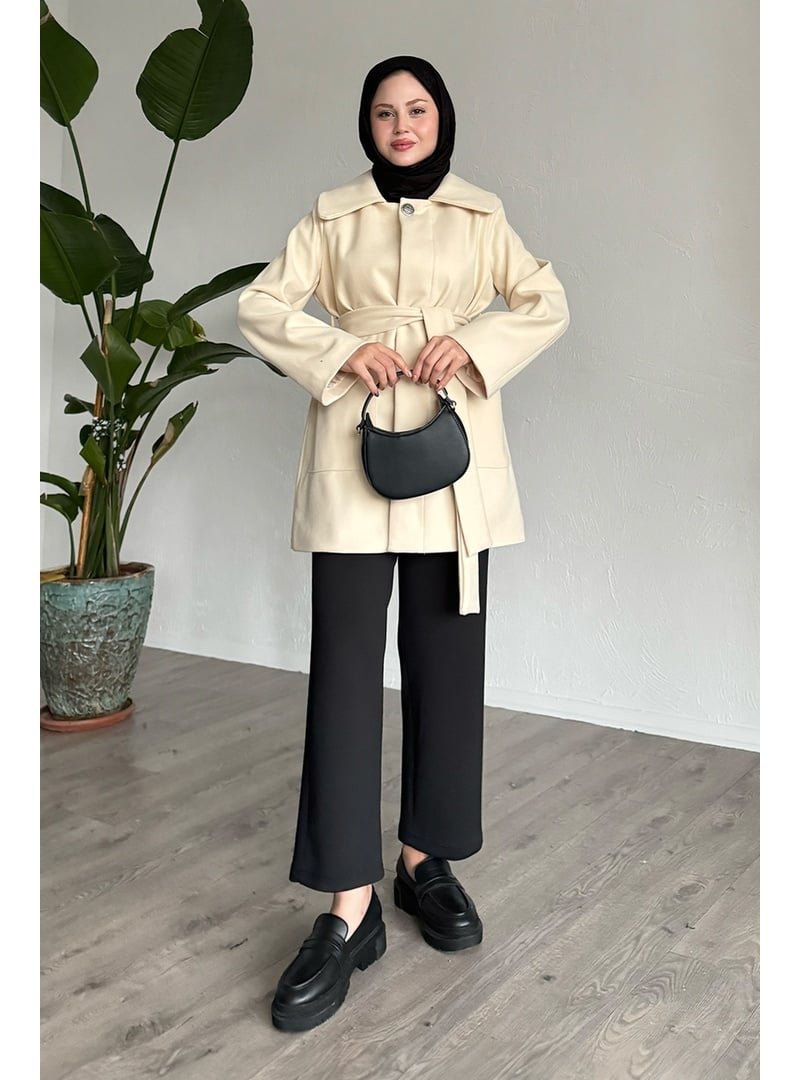 InStyle Düğme Detaylı Astarlı Krem Kısa Kaban
