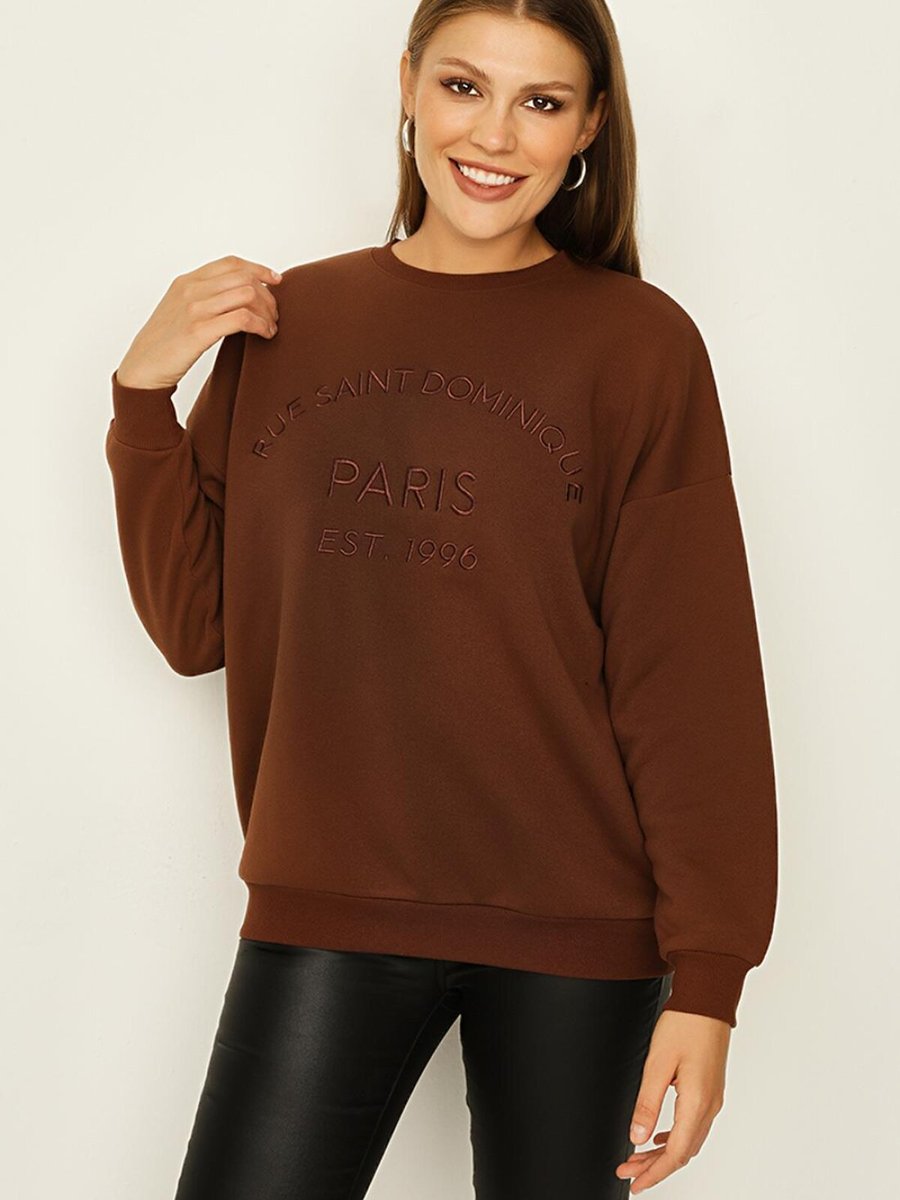 Select Moda Brown Yazı Detaylı Basic Örme Sweatshirt