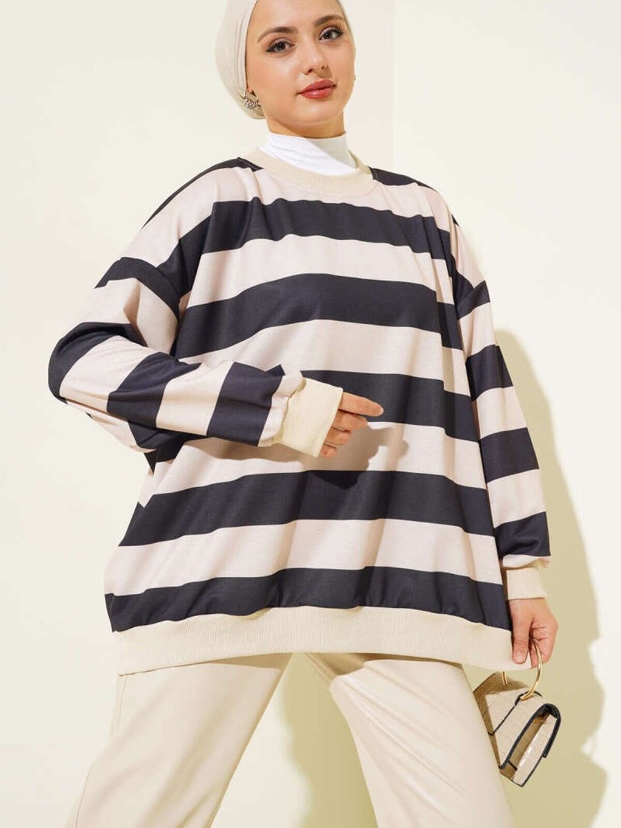 VOLT CLOTHİNG Siyah Yatay Çizgili Oversize Tunik