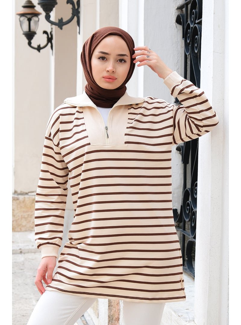 Locco Moda Kahverengi Önü Fermuarlı Çizgili Sweat