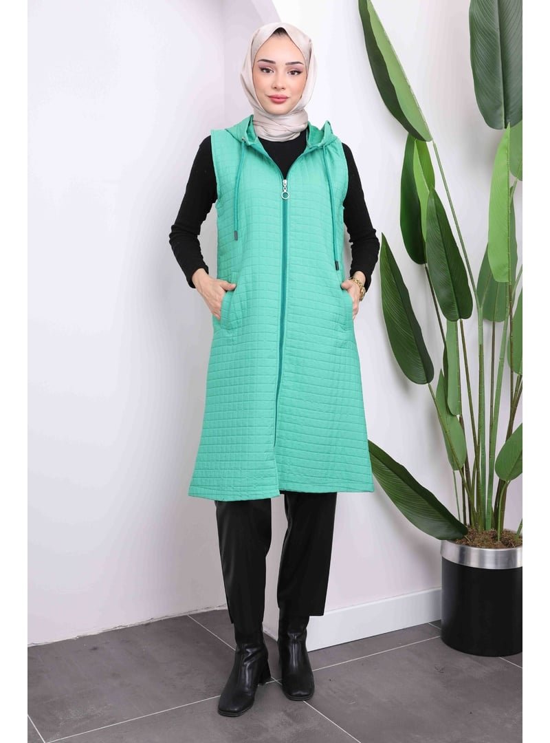 İmaj Butik Yeşil Fermuarlı Kapüşonlu Kapitone Yelek