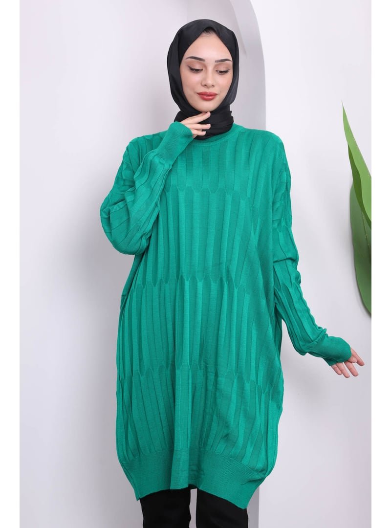 İmaj Butik Yeşil Bisiklet Yaka Merserize Salaş Triko Tunik