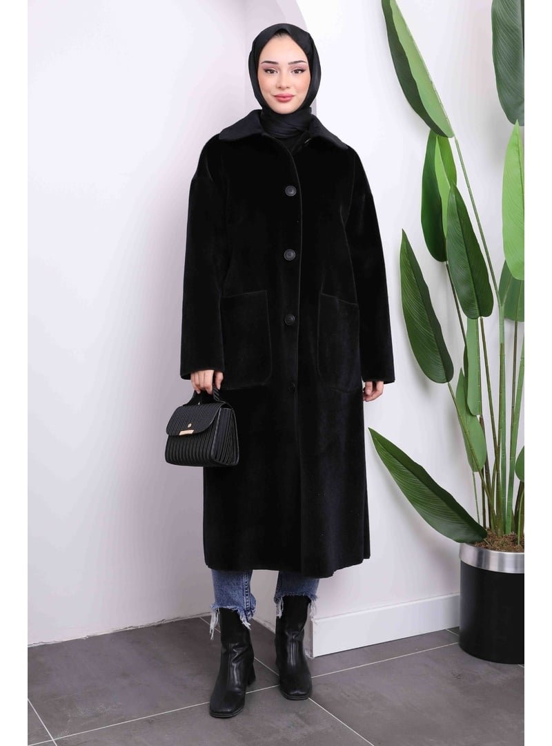 İmaj Butik Siyah Kruvaze Yaka Oversize Kaban