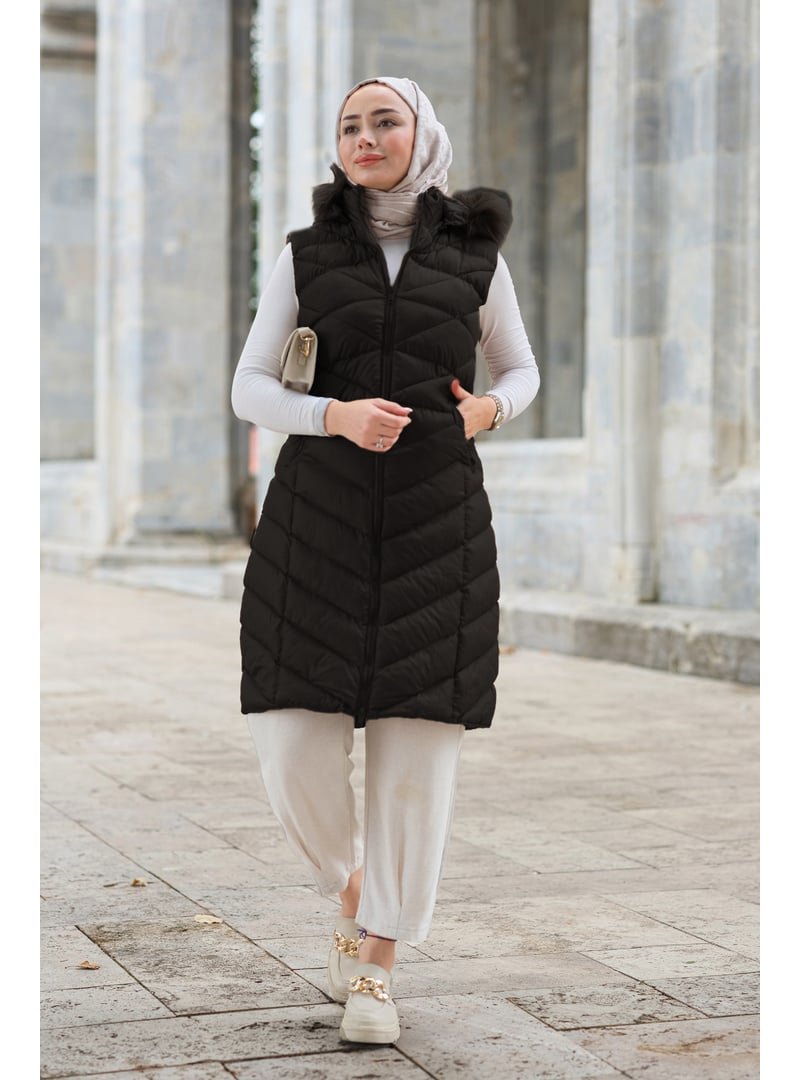 Locco Moda Siyah Kapüşonlu Kolsuz Şişme Yelek
