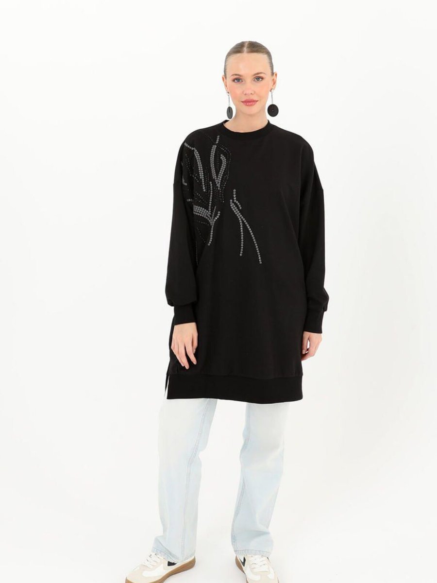Puane Sweatshirt İp Örgüsü Payet Detay Siyah