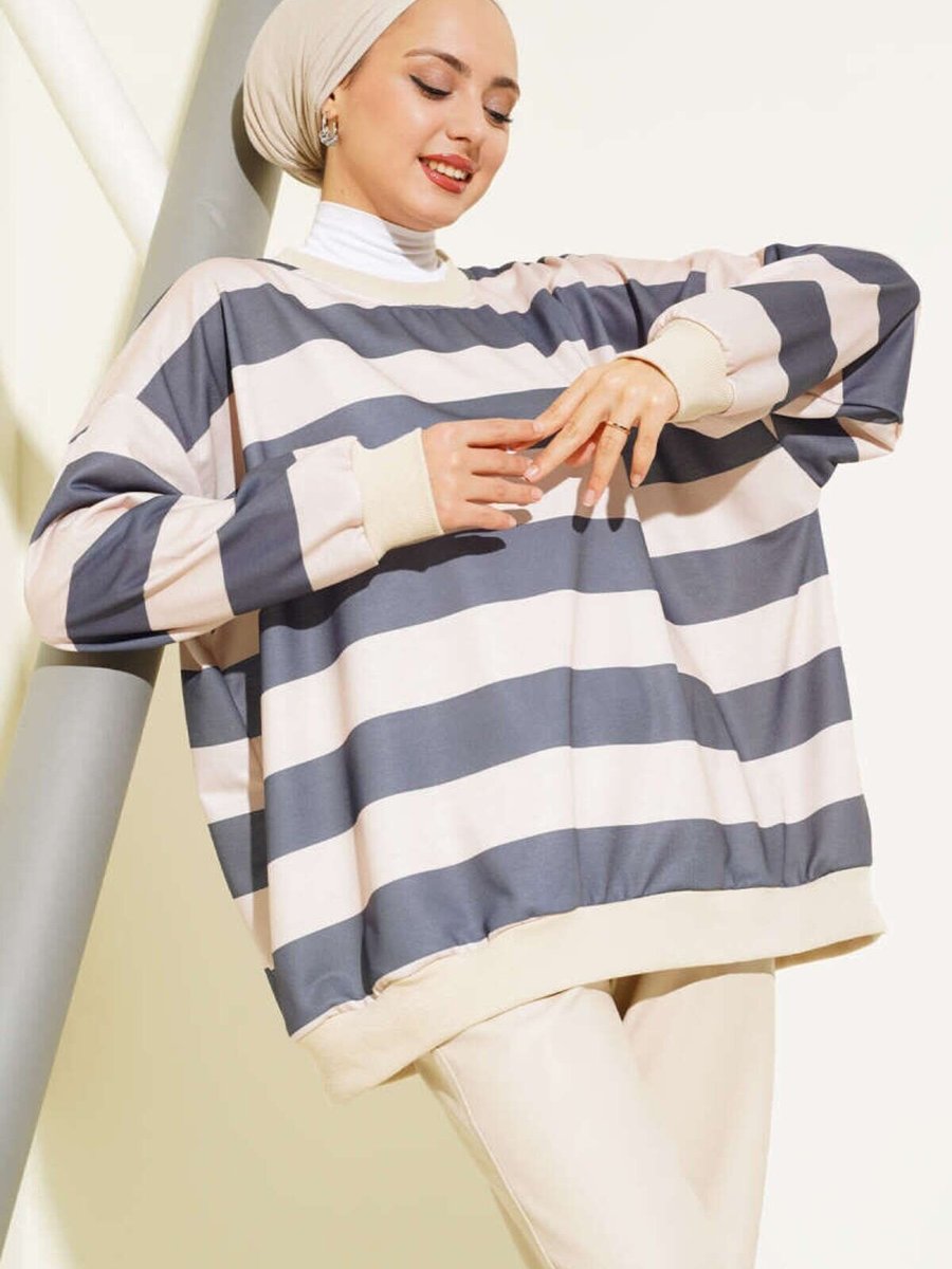 VOLT CLOTHİNG Füme Yatay Çizgili Oversize Tunik