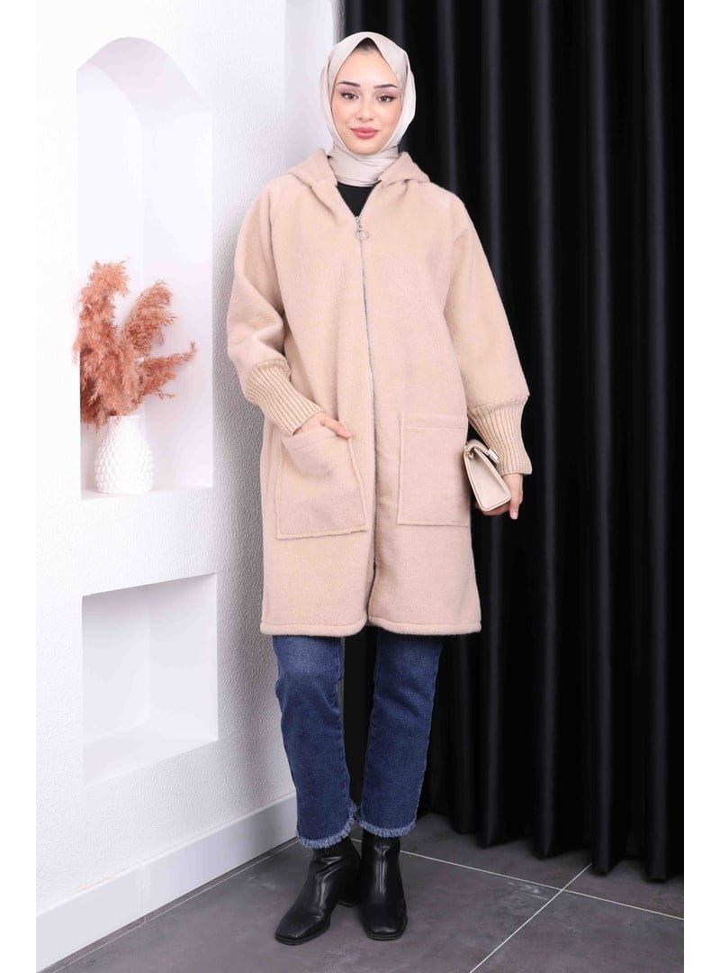 İmaj Butik Vizon Fermuarlı Kolları Triko Angora Kaban
