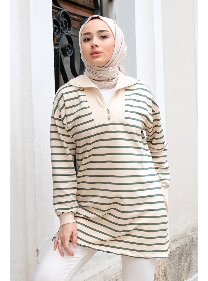 Locco Moda Yeşil Önü Fermuarlı Çizgili Sweat