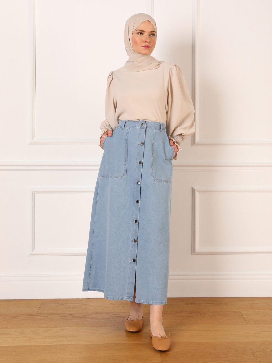 Refka Düğme Ve Cep Detaylı Denim Etek Buz Mavisi